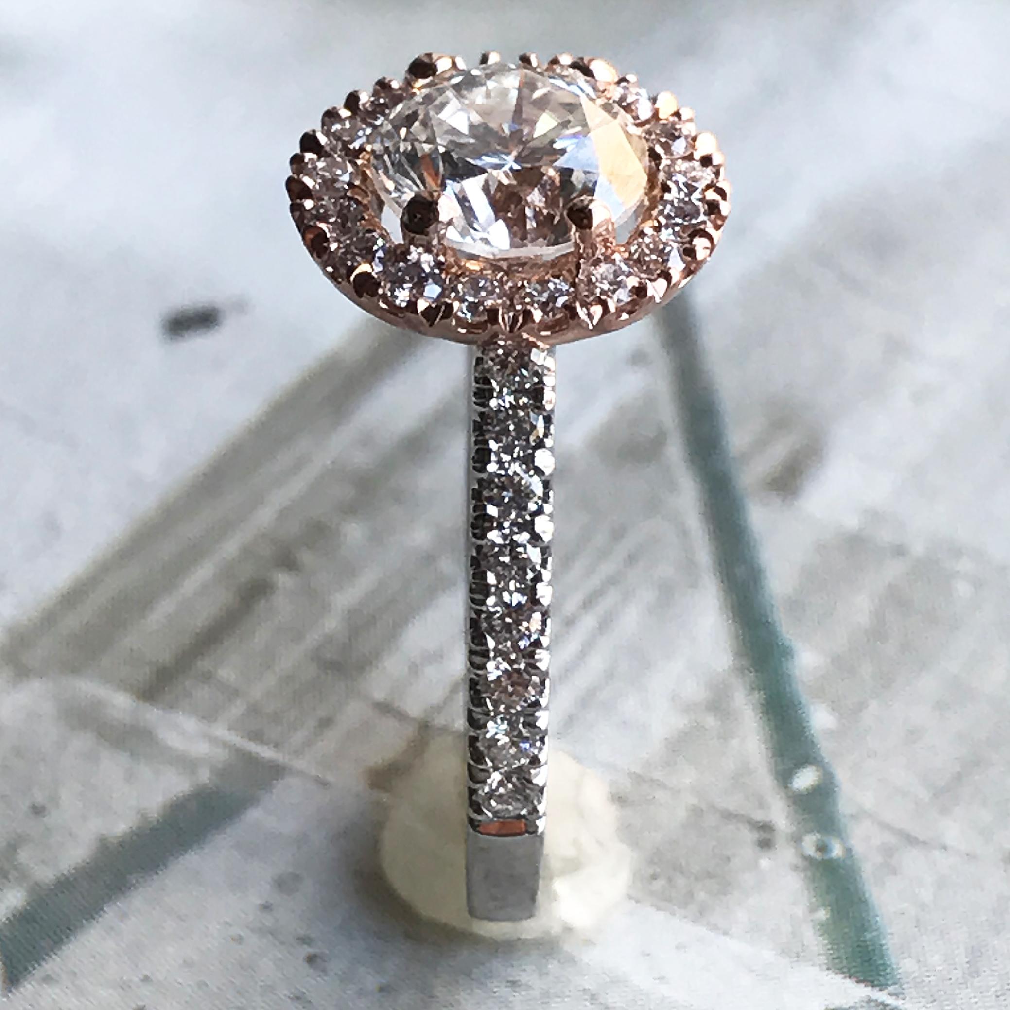 Modern 1.25 Carat Approximate Round Halo Diamond Rose and White Gold Ring For Sale