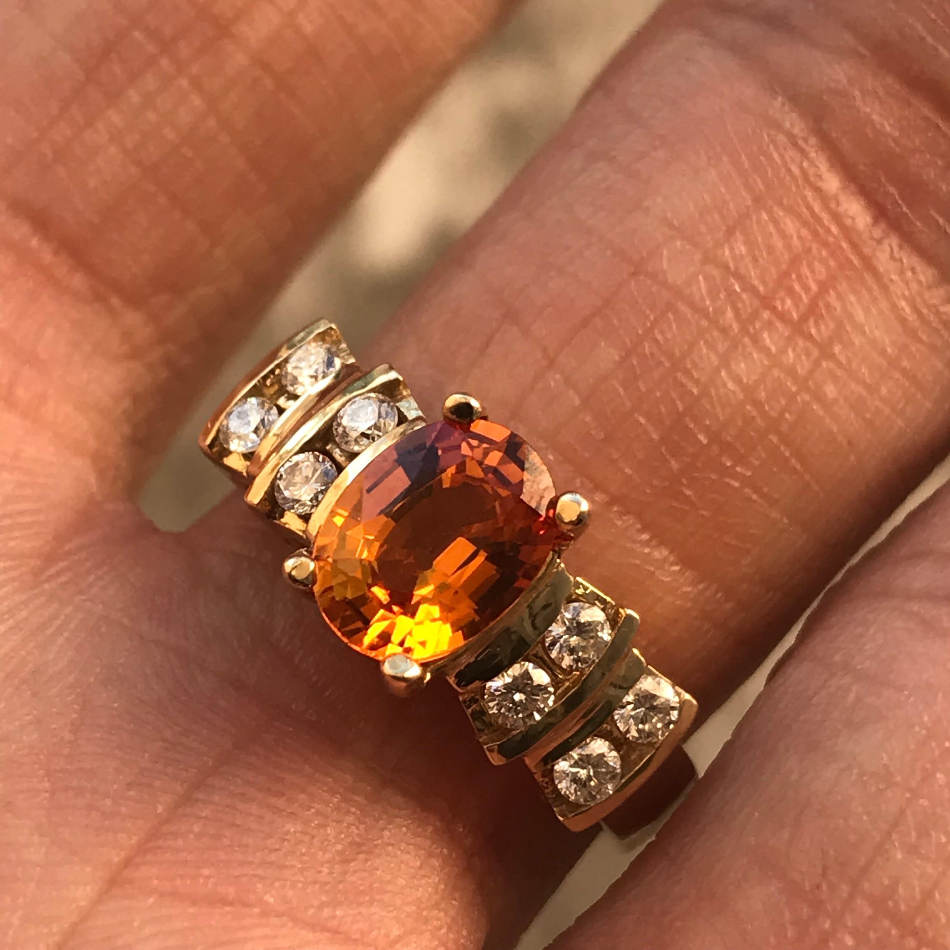 Oval Cut 1.9 Carat TW Approximate Oval Orange Sapphire and Diamond Ring, Ben Dannie For Sale