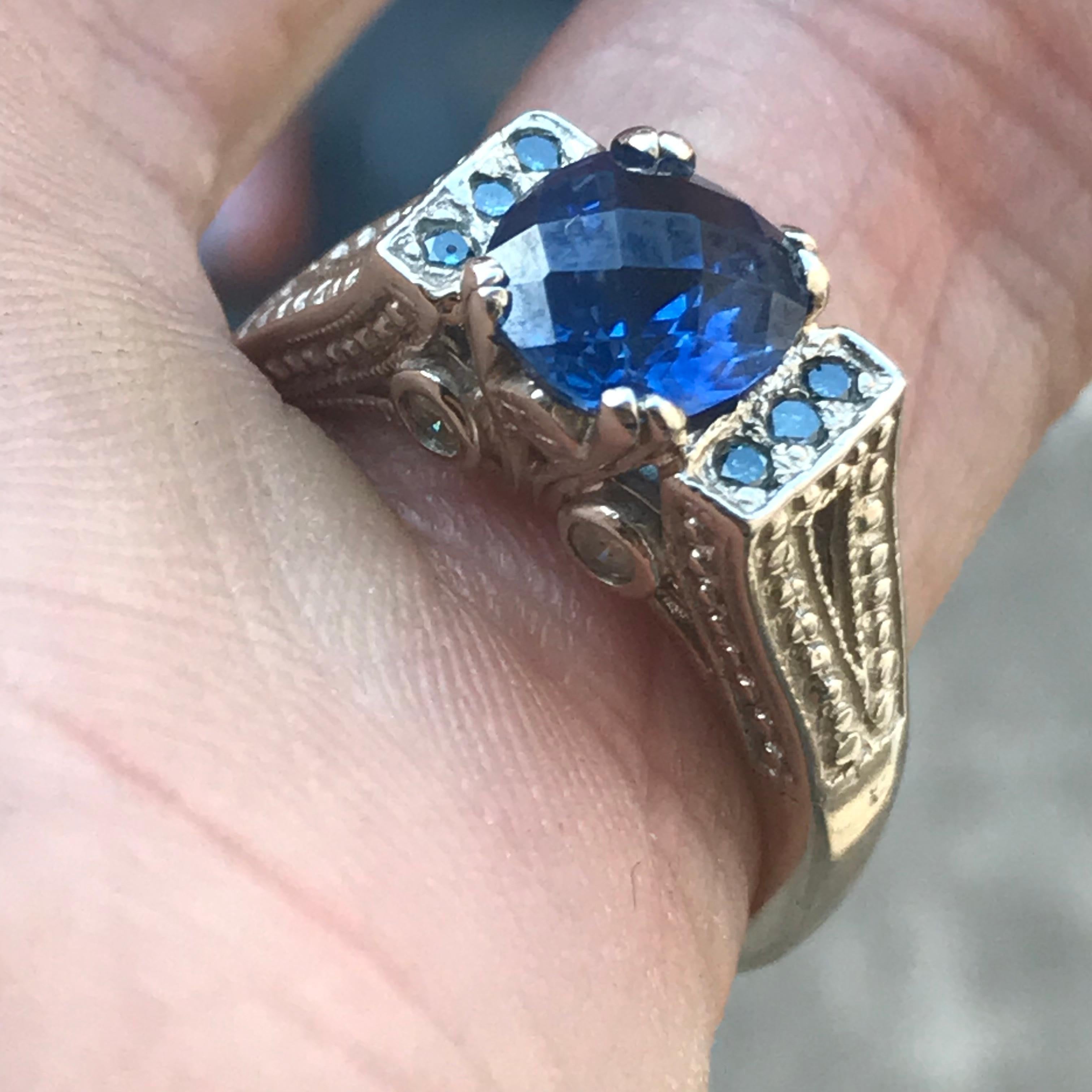 Round Cut 2.0 Carat Approximate Checker Board Blue Sapphire and Diamond Ring, Ben Dannie For Sale