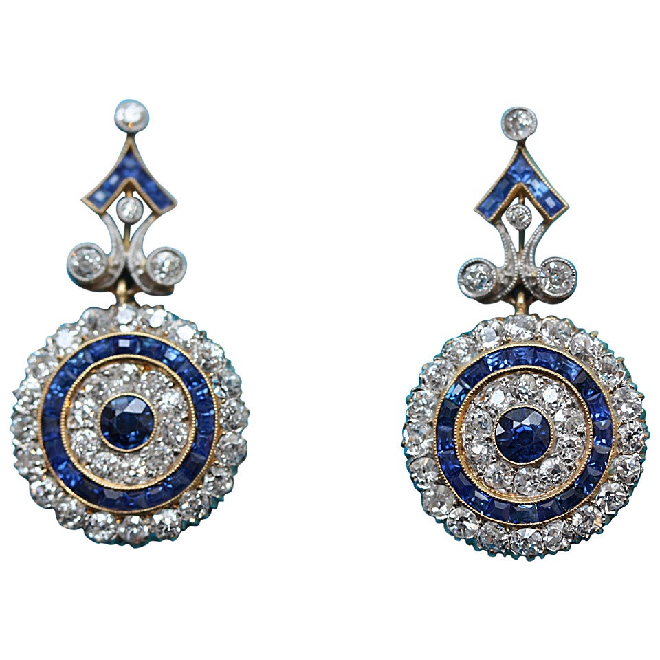 Edwardian Sapphire Diamond Gold Platinum Target Earrings at 1stDibs