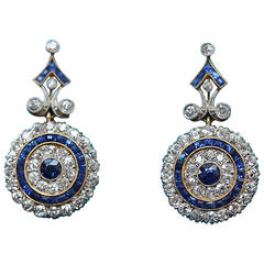 Edwardian Sapphire Diamond Gold Platinum Target Earrings