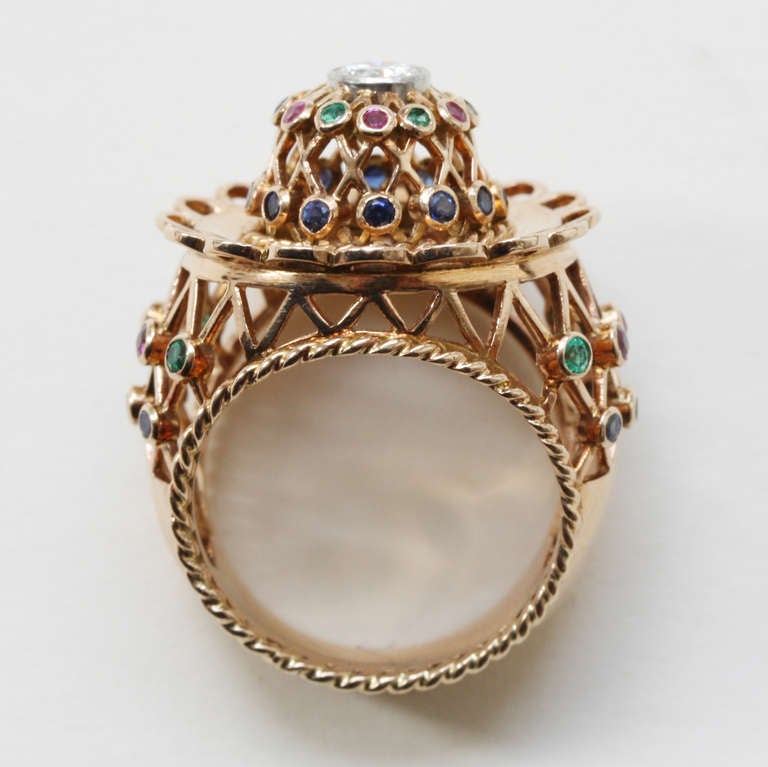 Large Gold and Diamond and Gemset Cage Dress Ring In Excellent Condition In Amsterdam, NL