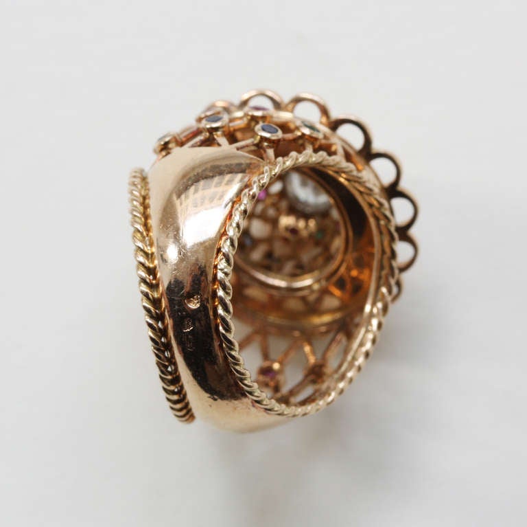 Women's Large Gold and Diamond and Gemset Cage Dress Ring