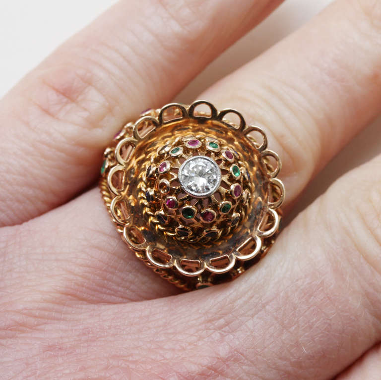 Large Gold and Diamond and Gemset Cage Dress Ring 1