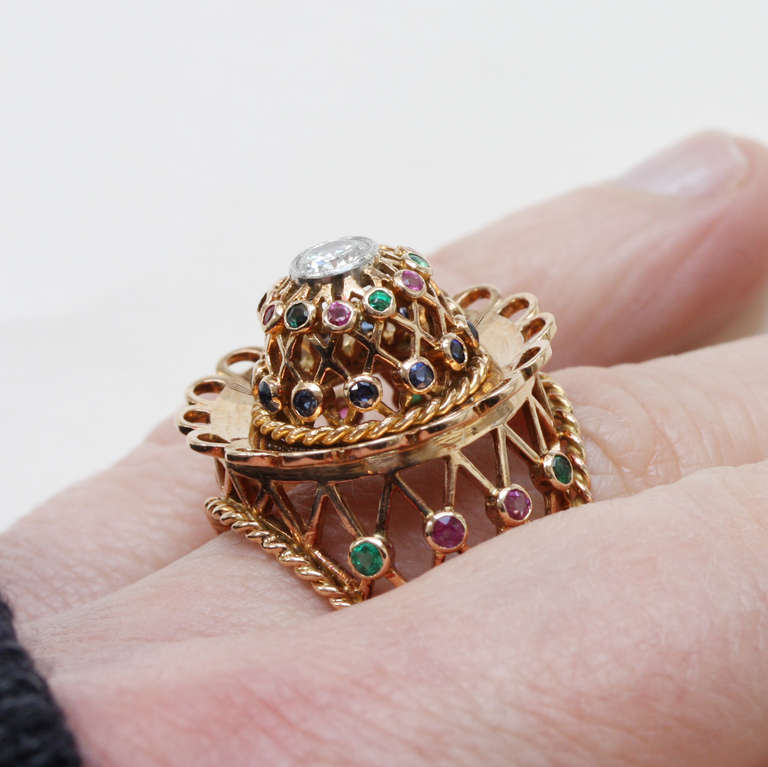 Large Gold and Diamond and Gemset Cage Dress Ring 2