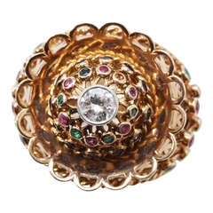 Large Gold and Diamond and Gemset Cage Dress Ring