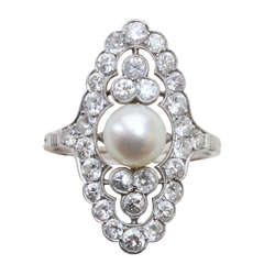 Pearl and Diamond Navette Shaped Edwardian Ring