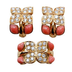 Christian Dior Diamond Coral Gold Earrings and Ring