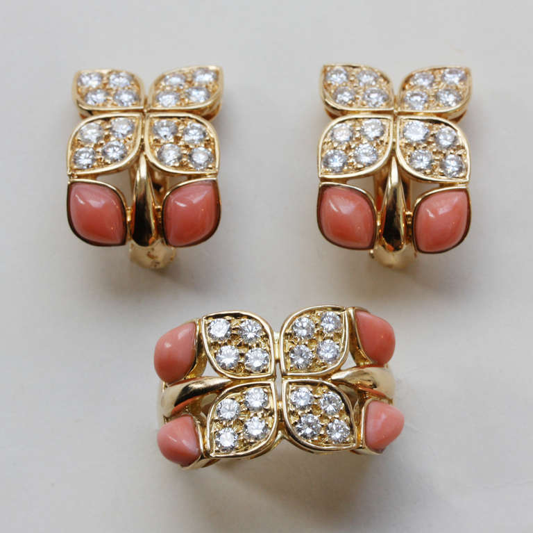 Christian Dior Diamond Coral Gold Earrings and Ring at 1stDibs