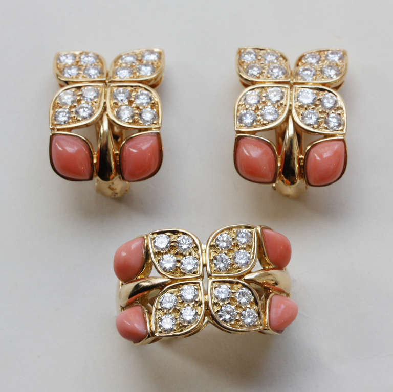 Christian Dior Diamond Coral Gold Earrings and Ring