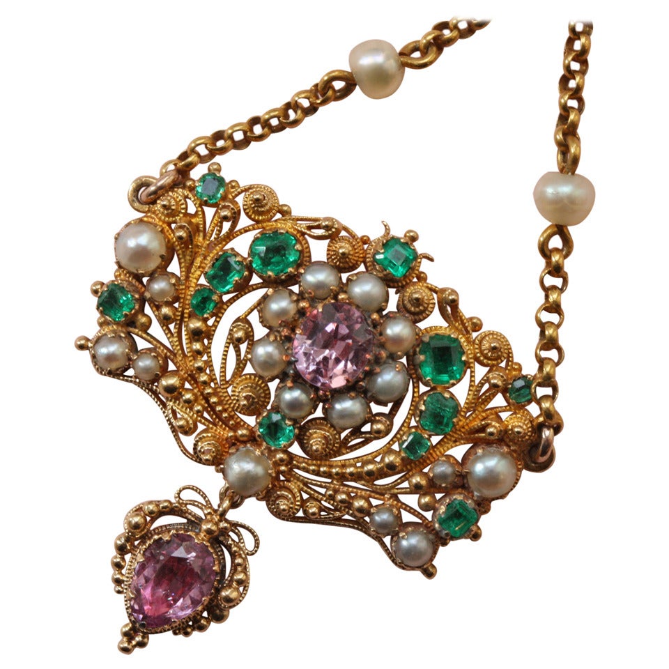 Georgian Topaz Pearl Emerald Gold Filigree Pendant