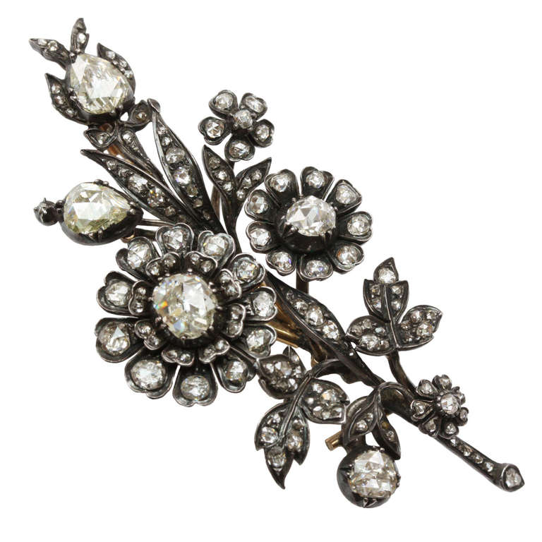Diamond Silver and Gold Flower Spray Brooch
