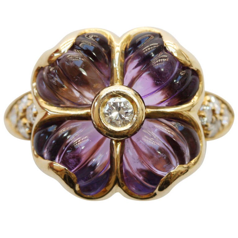 Boucheron Carved Amethyst Diamond Flower Ring