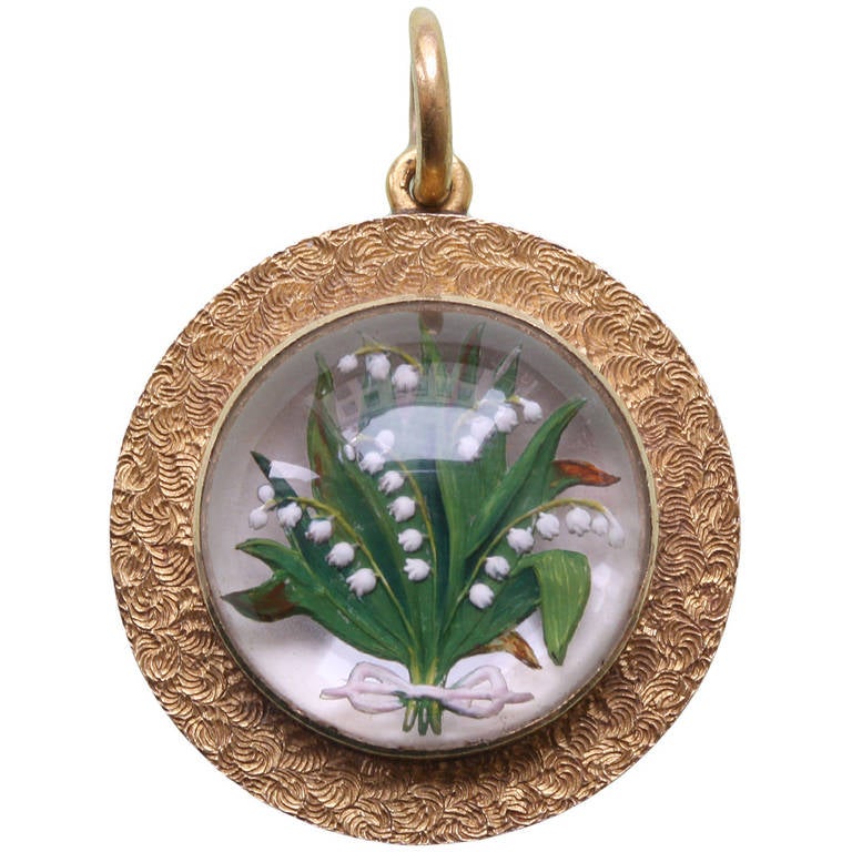 Lily-of-the-Valley Reverse Crystal Intaglio Mother of Pearl Gold Locket