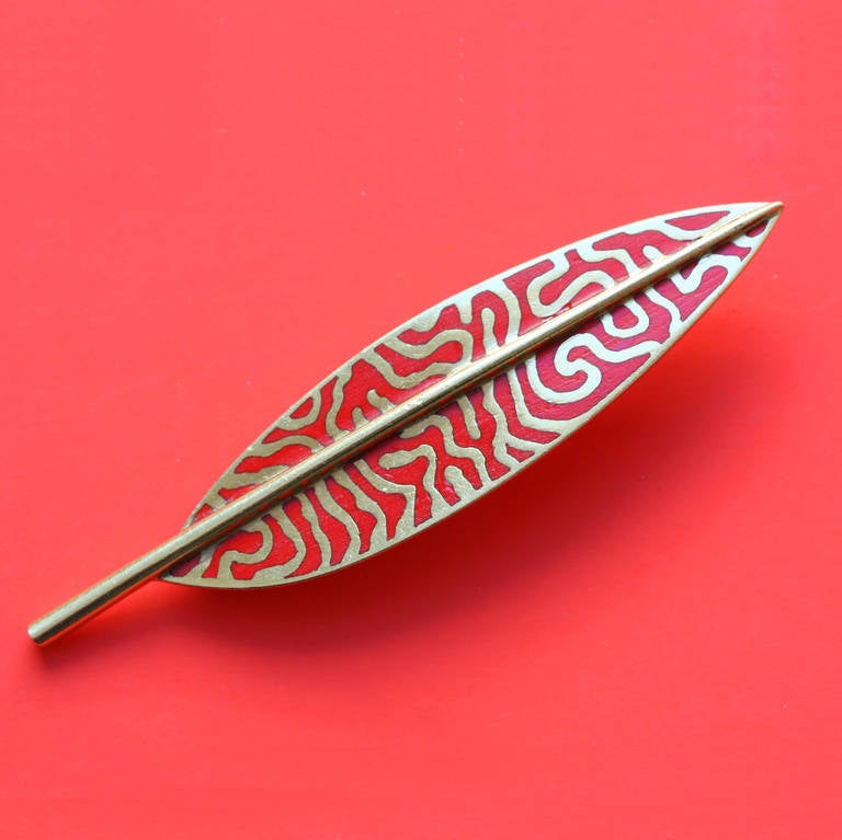 Tiffany & Co. Red Enamel Gold Feather Brooch