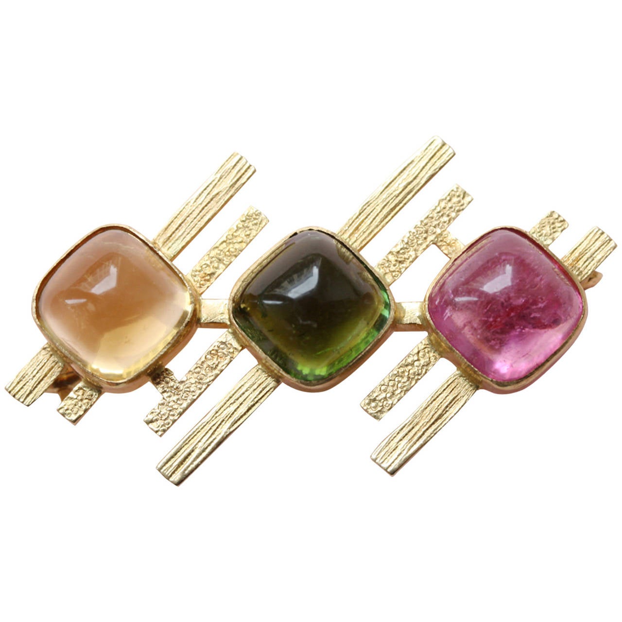 1970s Citrine Pink and Green Tourmaline Gold Brooch