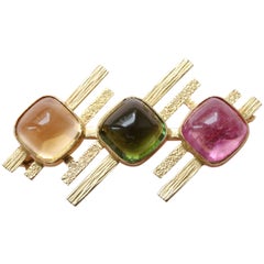1970s Citrine Pink and Green Tourmaline Gold Brooch