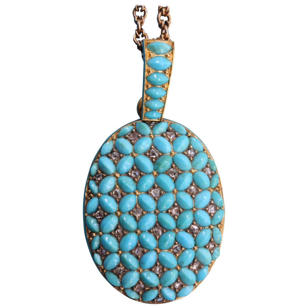 Oval Turquoise Diamond Gold Locket