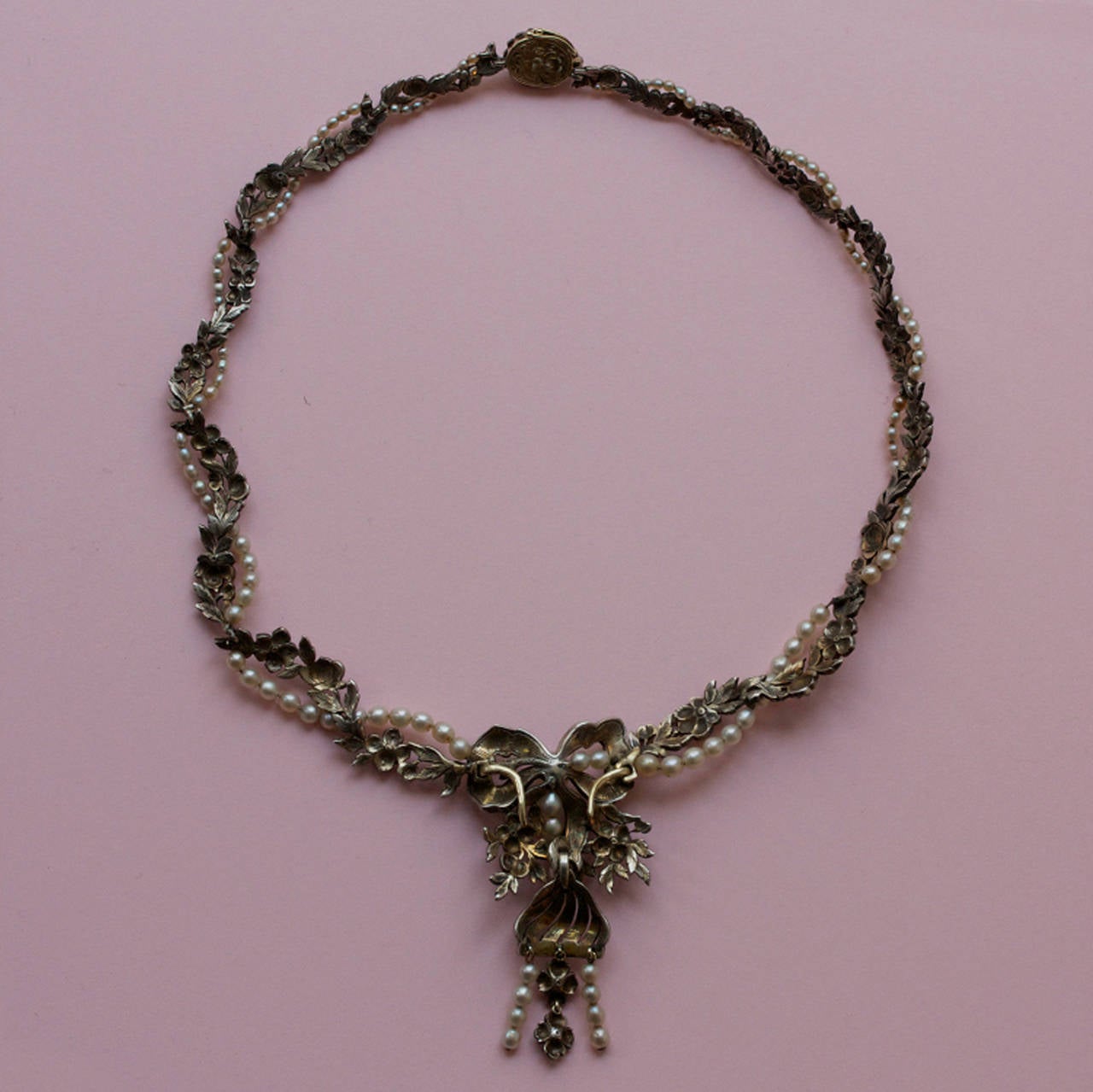 Pearl Rose Cut Diamond Flower Garland Necklace For Sale at 1stdibs