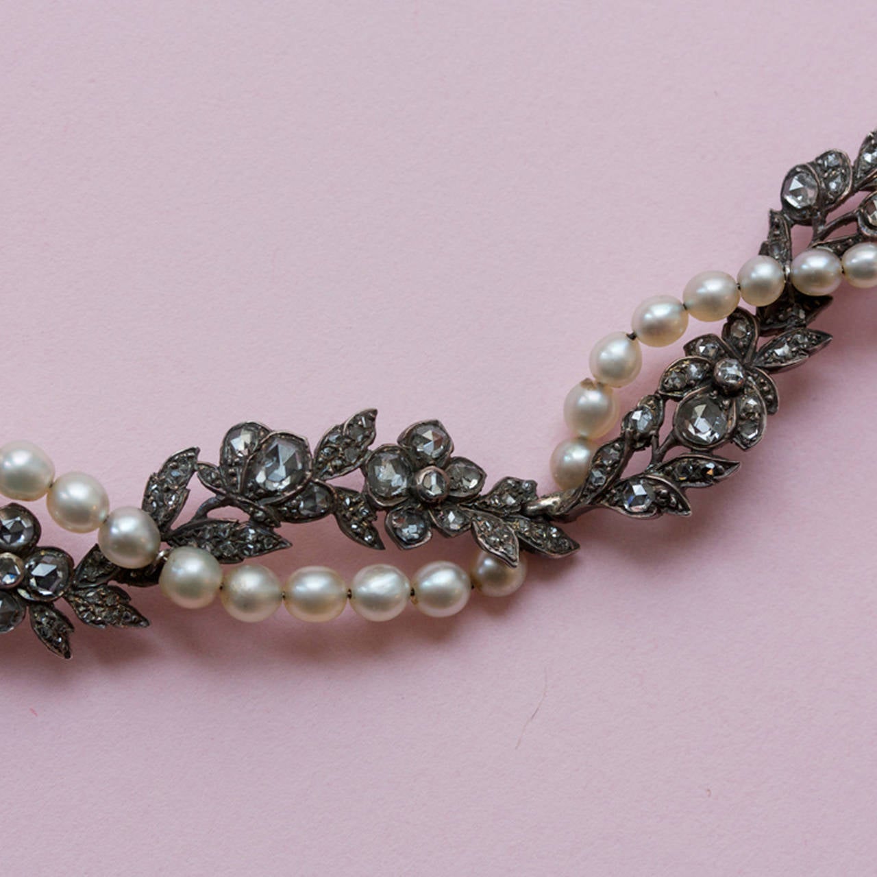 Women's Pearl Rose Cut Diamond Flower Garland Necklace