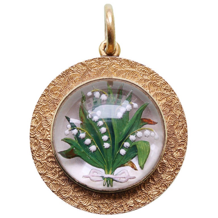 Lily-of-the-Valley Reverse Intaglio Crystal Gold Locket