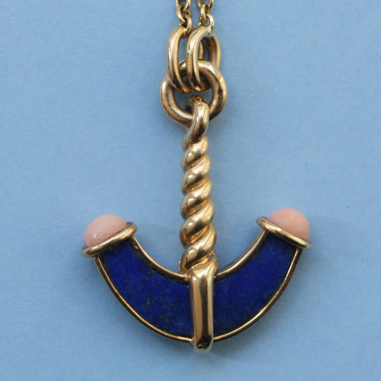 Coral Lapis Gold Anchor Pendant