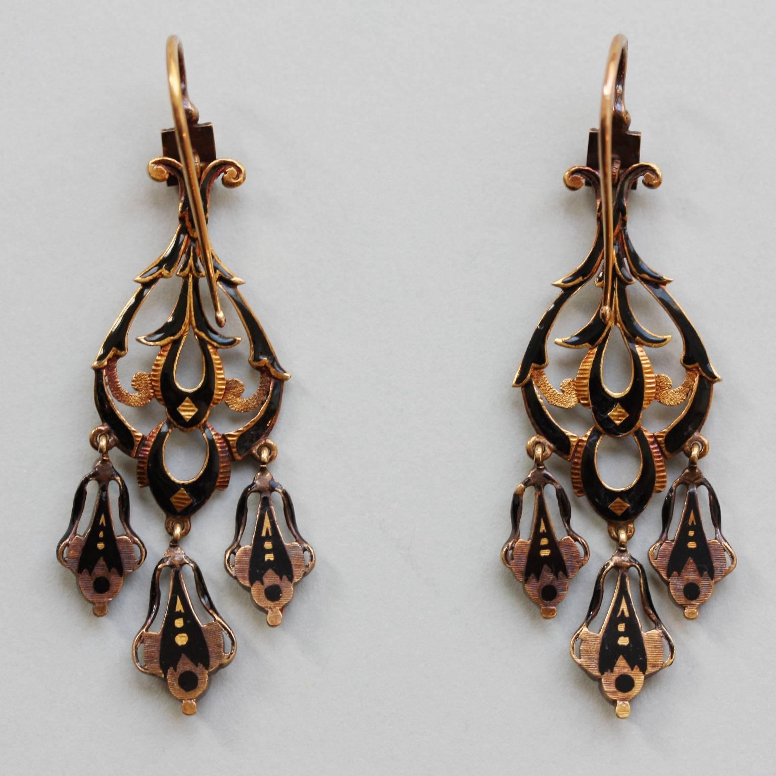 Women's Neo Renaissance Black Enamel Diamond Gold Dangle Earrings