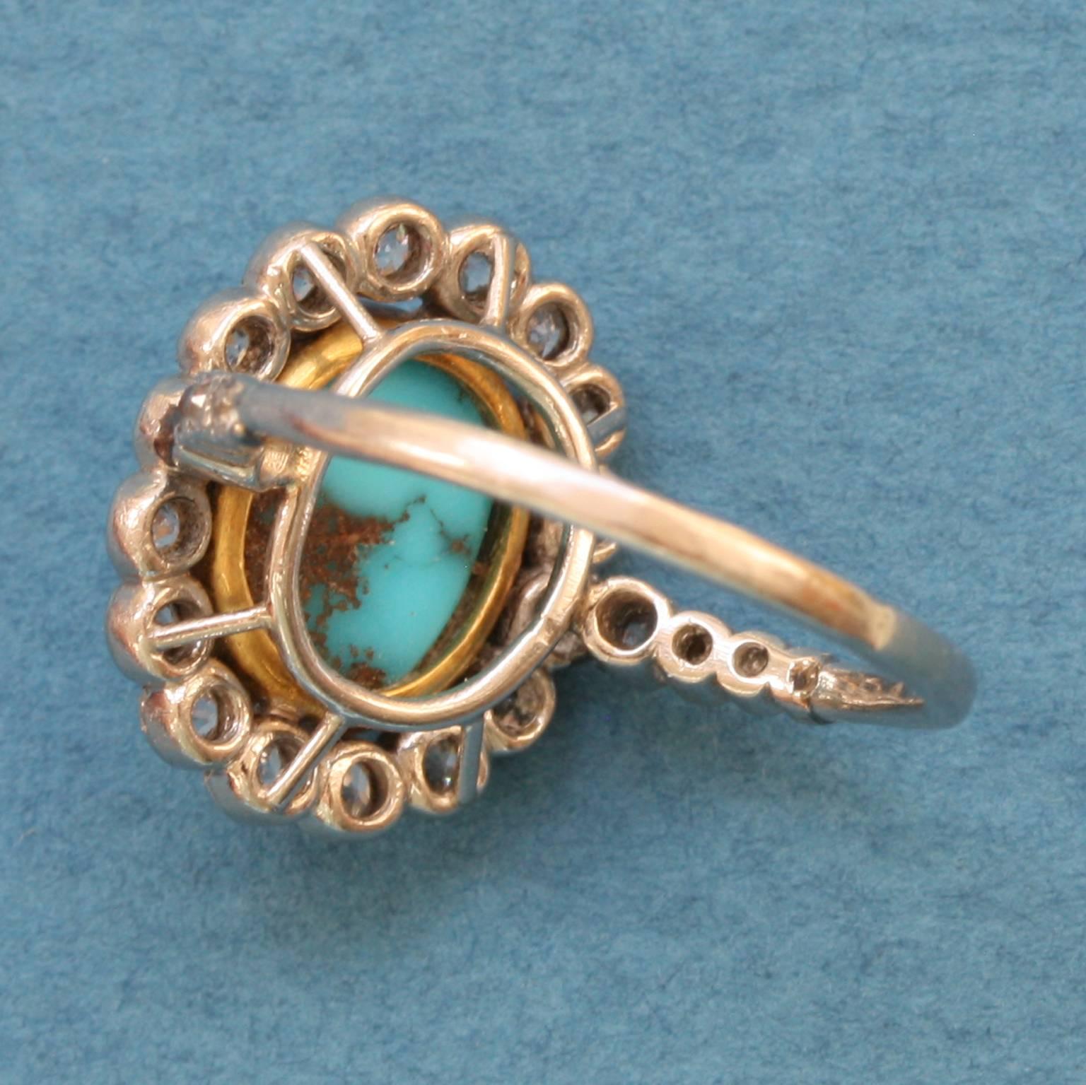 Edwardian Turquoise Diamond Gold Cluster Ring In Excellent Condition In Amsterdam, NL