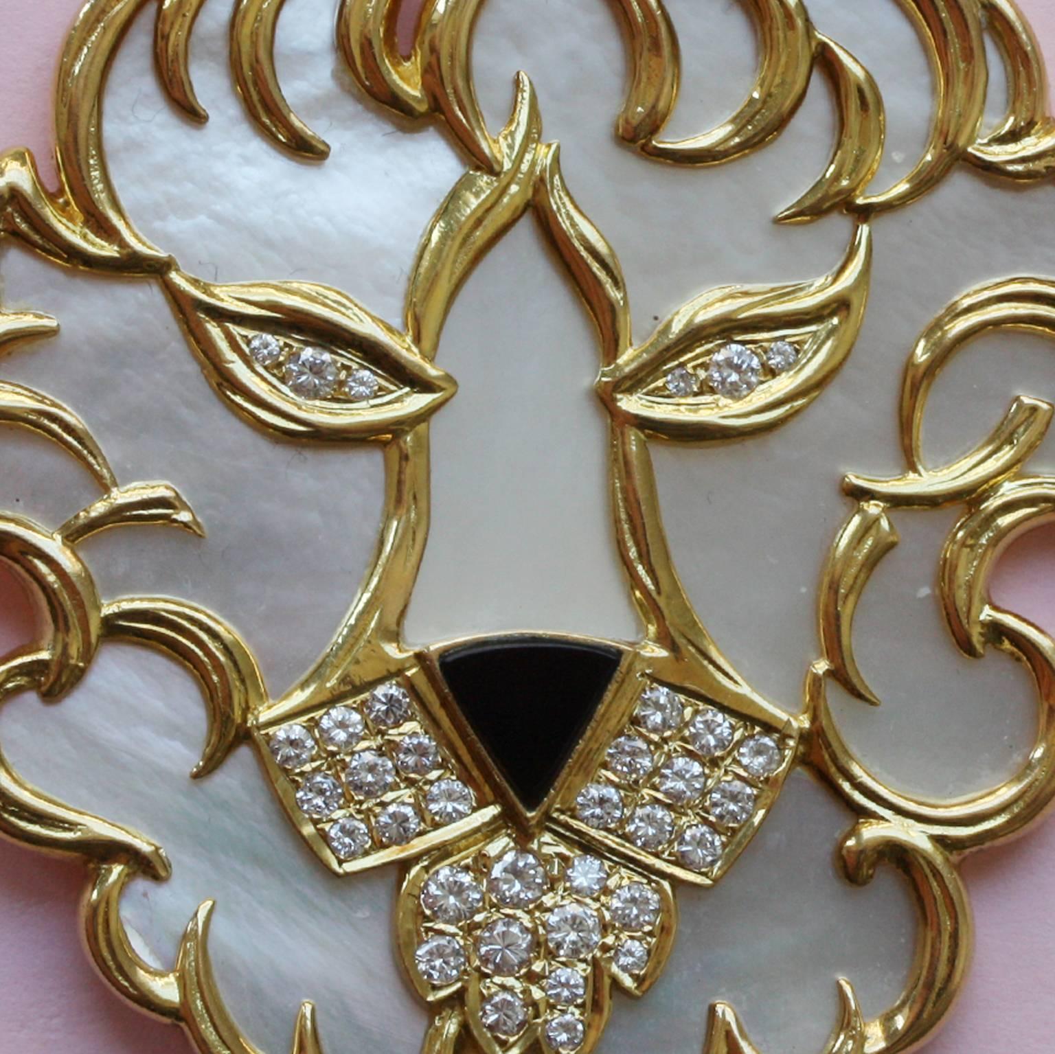 Women's or Men's Leo  Mother-of-Pearl Onyx Diamond Gold Pendant