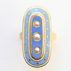 Blue Enamel Pearl Gold Mourning Ring