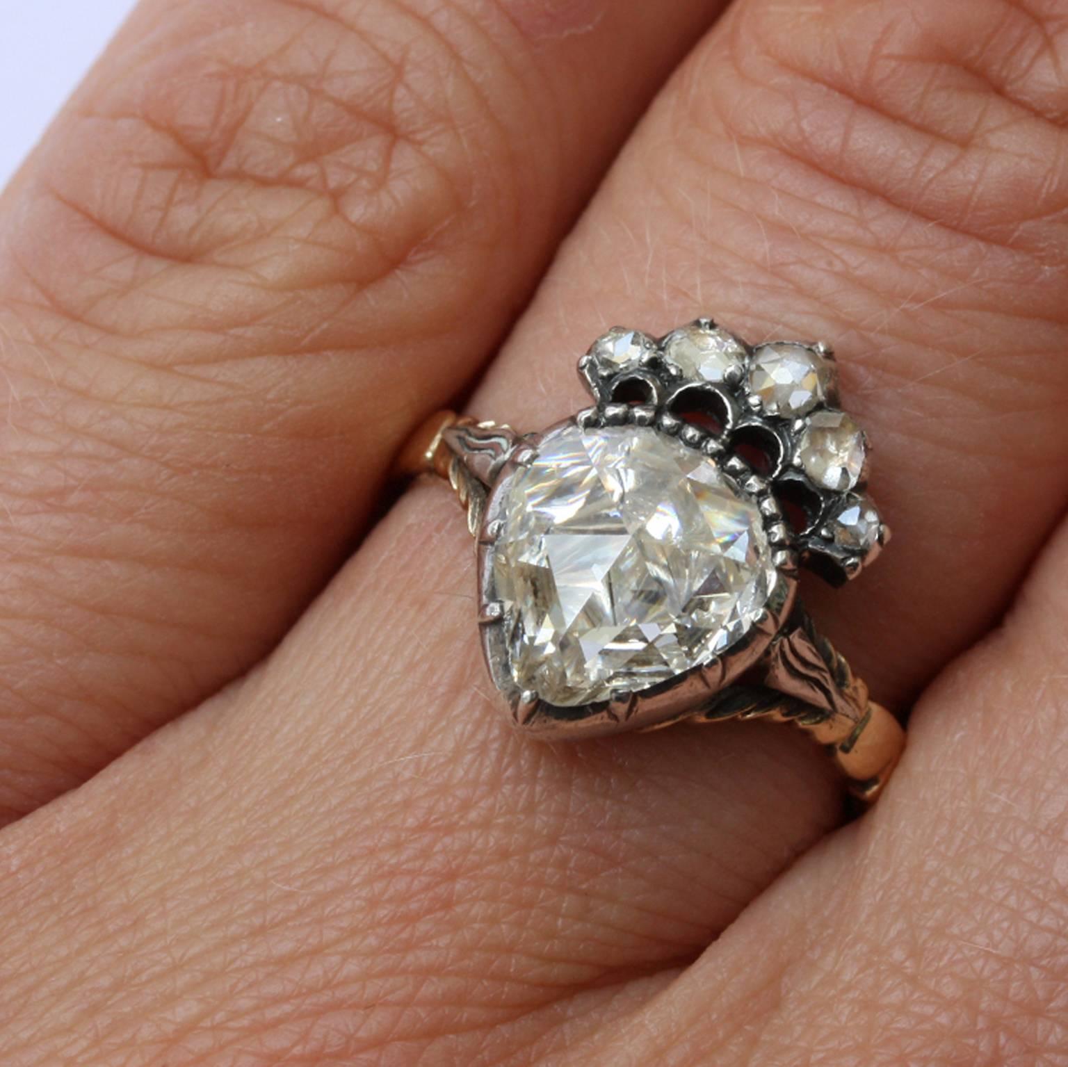 Antiker holländischer Diamant im Rosenschliff  Gekrönter Herzring (Viktorianisch)