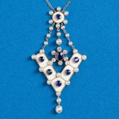 Edwardian Pearl Sapphire Diamond Gold Platinum Pendant