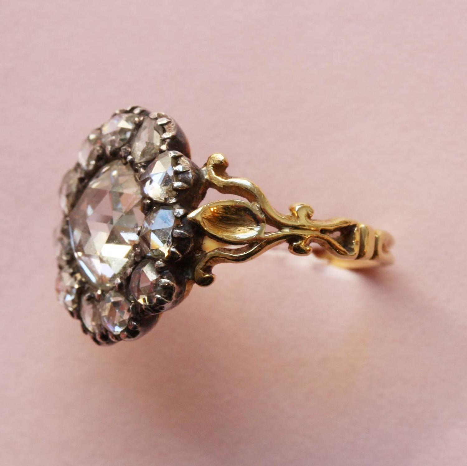 Georgian Rose Cut Diamond Silver Gold Cluster Ring For Sale at 1stdibs