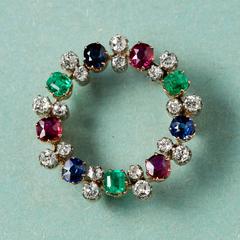 Sapphire, Emerald, Ruby and Diamond Circle Brooch