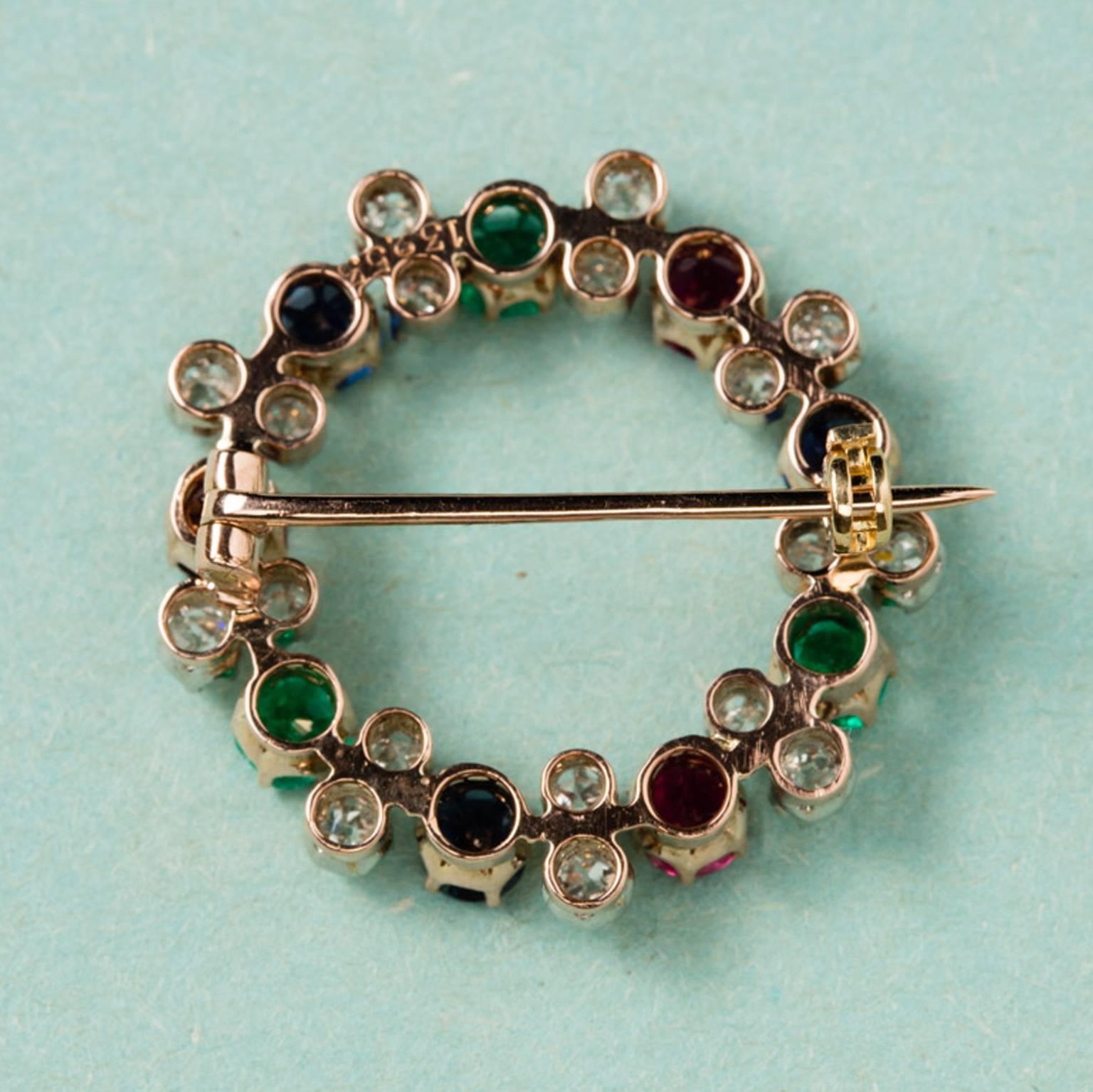 Edwardian Sapphire, Emerald, Ruby and Diamond Circle Brooch