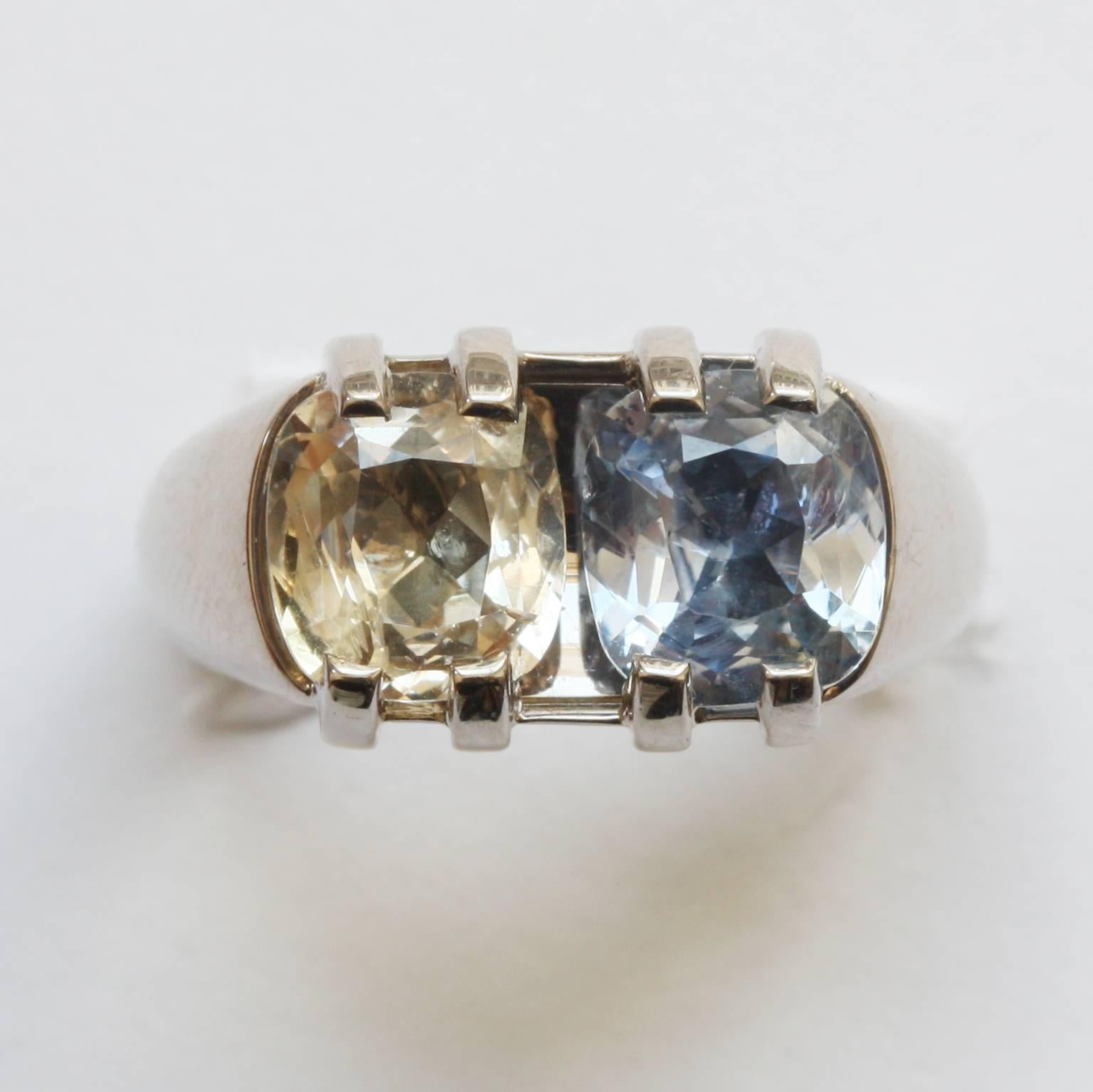 Art Deco Blue and Yellow Sri Lanka Sapphire and Grey Gold Ring