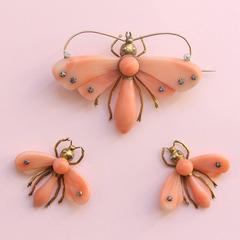 Victorian Coral Gold Demi-Parure  Butterfly Earrings and Brooch