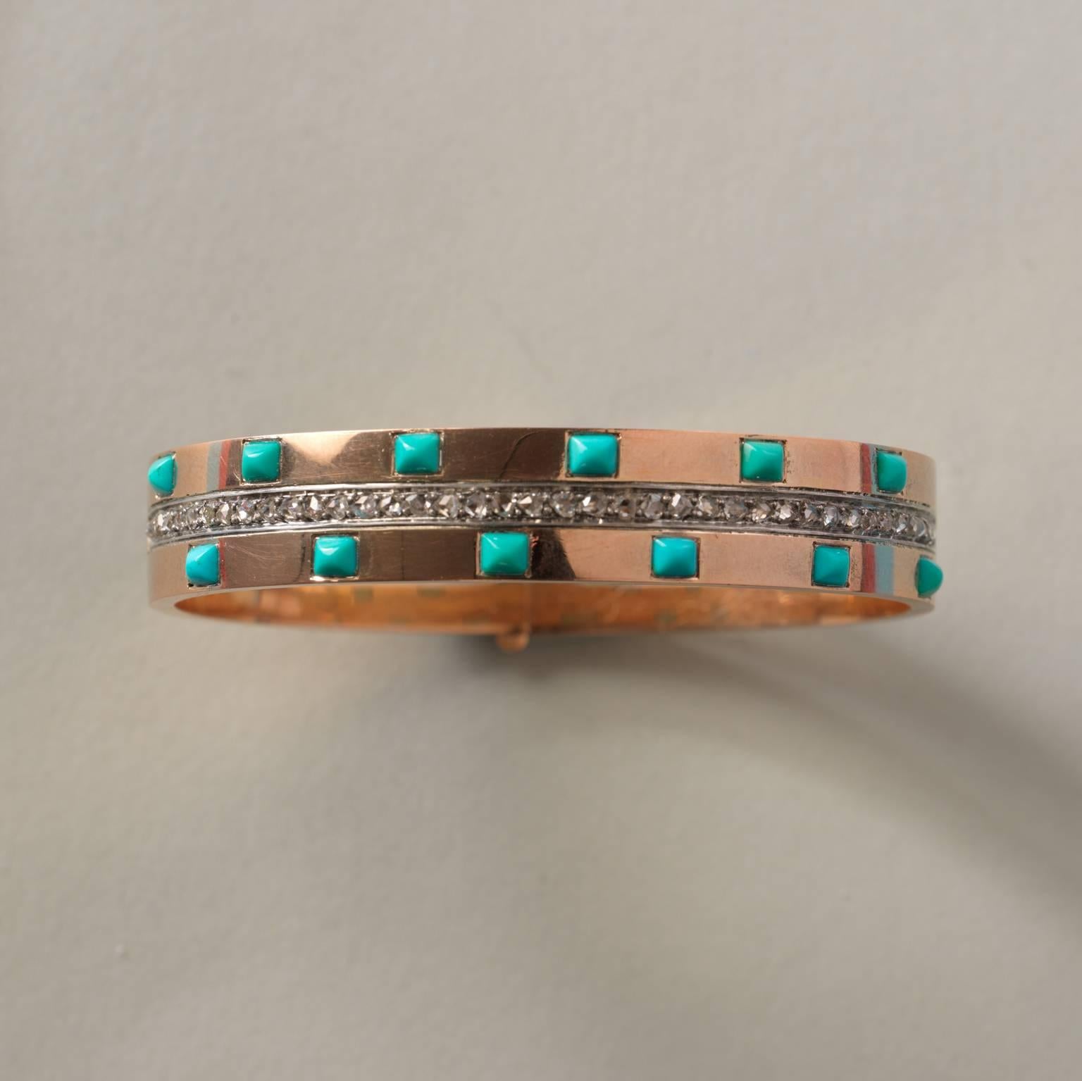 Napoleon III Turquoise Diamond Gold Bangle Bracelet In Excellent Condition In Amsterdam, NL