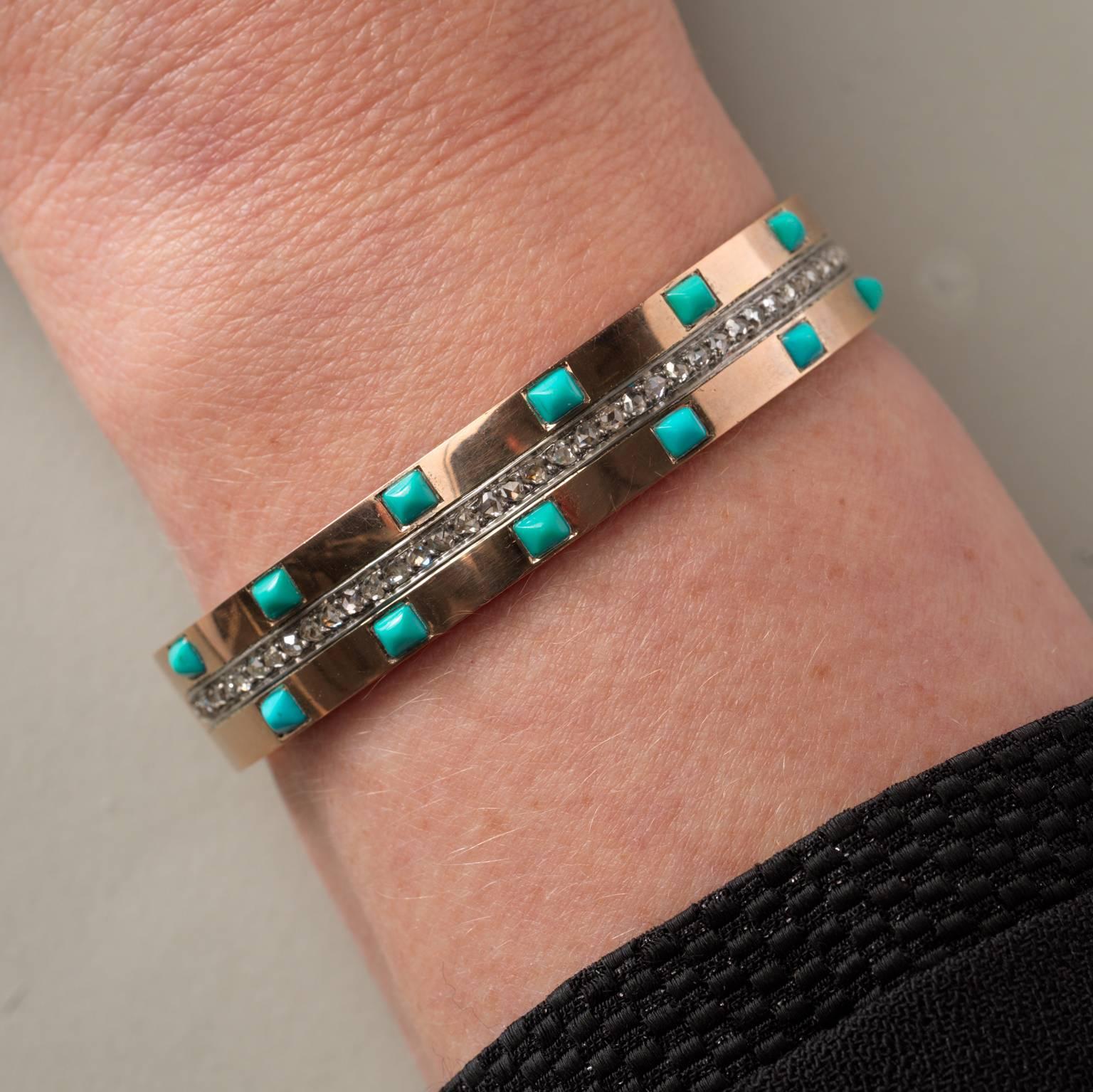 Women's Napoleon III Turquoise Diamond Gold Bangle Bracelet