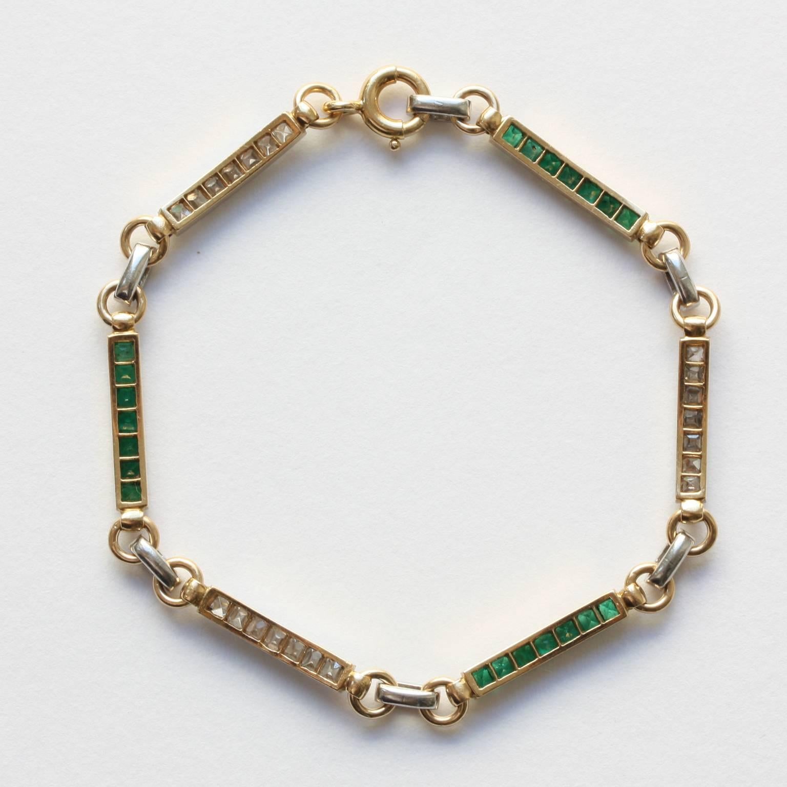 Art Deco Lacloche Diamond and Emerald Gold and Platinum Bracelet