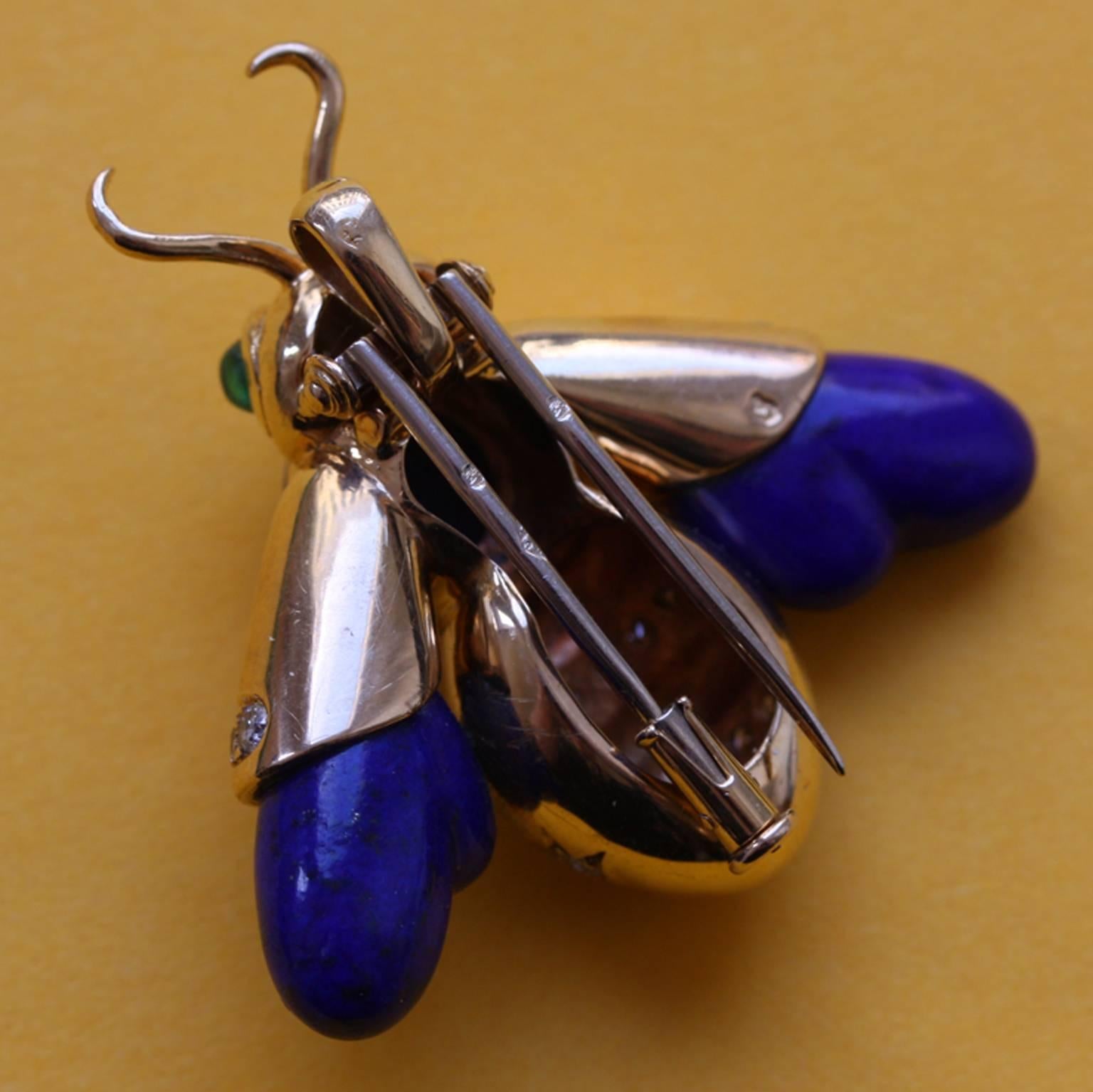Lapis, Diamond, Emerald and Gold Bee Brooch or Pendant In Excellent Condition In Amsterdam, NL