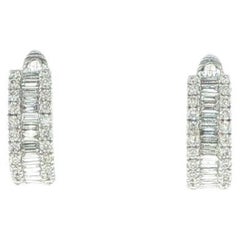 18K White Gold Diamond Huggie Earrings, 0.62ct VS G Round & Baguette