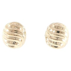 14K Yellow Gold Ribbed Dome Earrings, Textured Design, 23mm Length