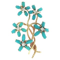 La Triomphe 18K Yellow Gold Floral Pin with Turquoise & Diamond Accents