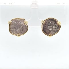 Vintage 18K Yellow Gold and Sterling Silver Ancient Coin Drop Earrings with Omeg