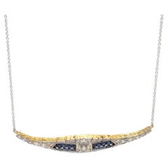 Art Deco Style Platinum & 18K Gold Necklace – Synthetic Sapphires & Diamond Acce
