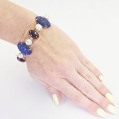 Antique 14K Yellow Gold Carved Lapis, Cultured Pearl & Pink Tourmaline Bracelet