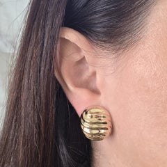 14K Yellow Gold Ribbed Dome Earrings, Textured Design, 23mm Length