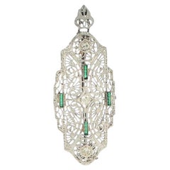 14K White Gold Art Deco Pin with 0.40ct Diamonds & Emeralds, Vintage