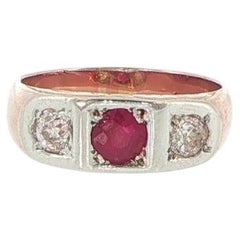 14K Rose Gold Three-Stone Ruby and Old Mine-Cut Diamond Ring, 0.50ct